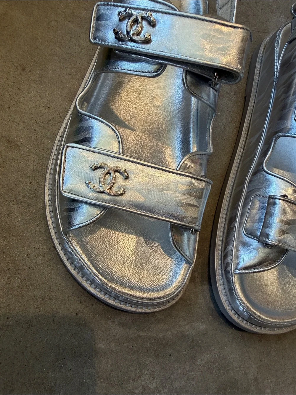 Chanel Metallica  Silver Leather Velcro dad Sandals